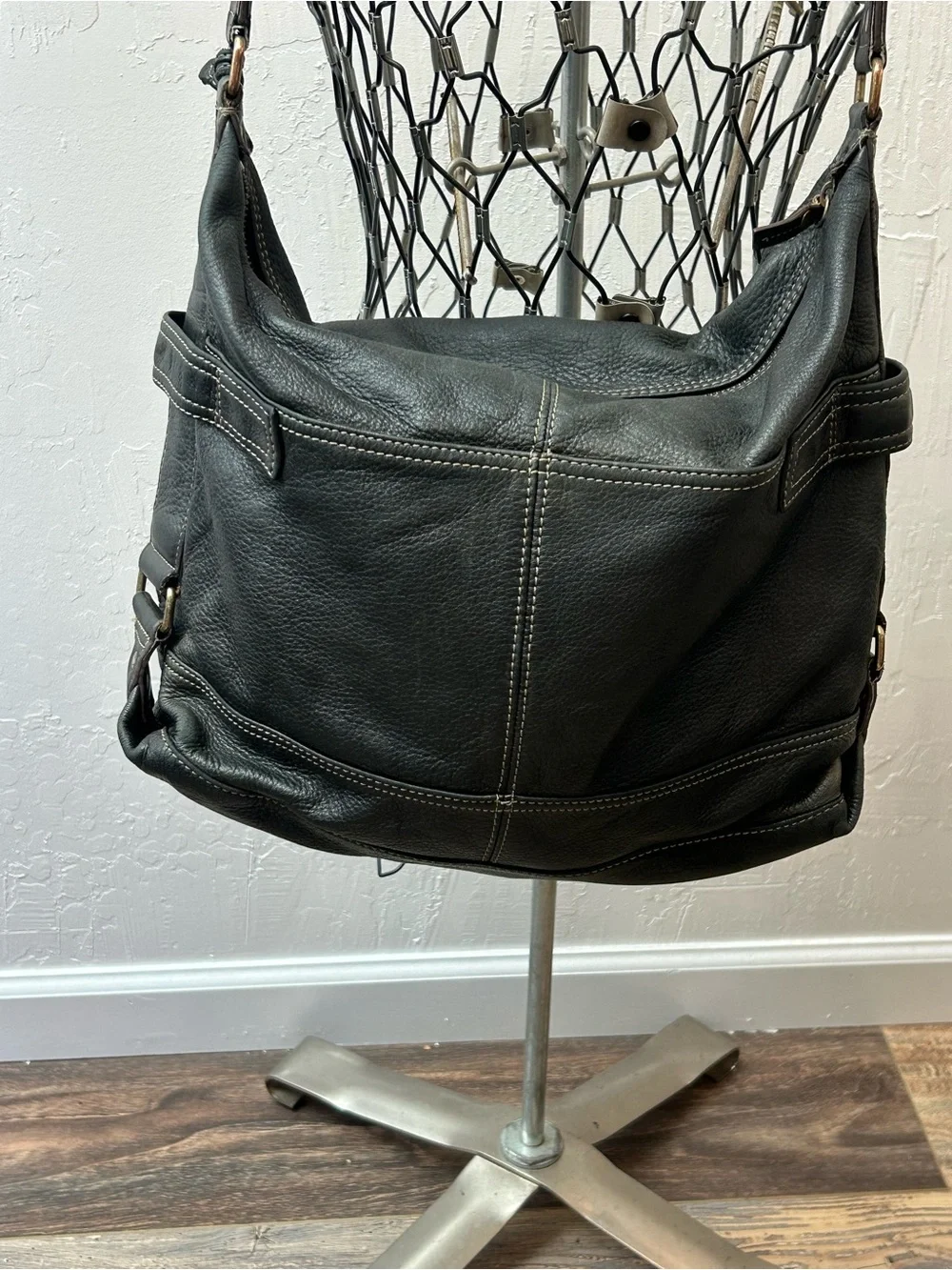Fossil Black Leather Slouchy Hobo Shoulder Bag Contrast Stitch Purse